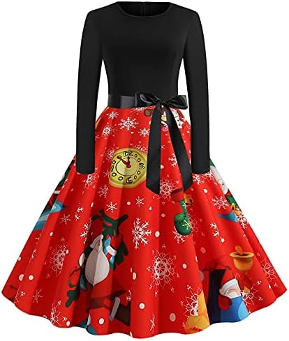 Vestidos de festa de manga longa vintage de Natal Vestidos de festa casual Crew Piant Cintura Retro Floral Patchwork Cocktail