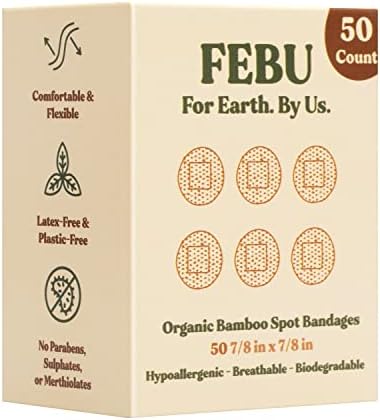 Febu Organic Bamboo Spot Fabric Bandrages para arranhões e cortes | 50 contagem, 7/8in x 7/8in | Bandagens redondas hipoalergênicas livres de látex para pele sensível | Natural, compostável, flexível