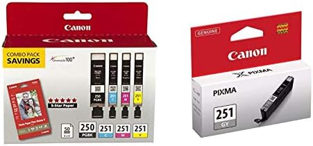 Canon pgi-2550bk/cli-251cmy cartuchos de tinta preta/cor de cor e pacote de combo de papel pp-201 e cli-251 tanque de tinta cinza