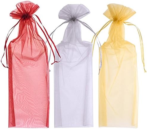 Sacos de garrafa de vinho de vinhos BLULU Organza 6,5 ​​por 15 polegadas, ouro, prata e vinho vermelho, 24 peças