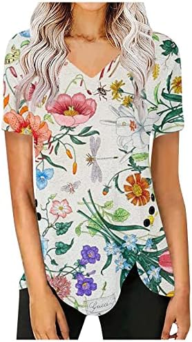 Ayaso feminino 2023 camisetas casuais de verão V de pescoço de manga curta de túnica de túnica decoração de impressão floral solta