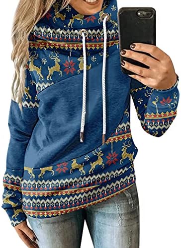 Feliz Feliz Natal Impresso Contraste Solwars Soldomotas Longas Capuz de Manga Longa Casual Pullover Blusies