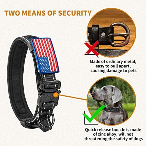 Colar de cachorro tático reflexivo com a bandeira americana dos EUA, colar de cachorro militar com alça e fivela de metal pesado 1,5 de largura de nylon de espessura colar k9 ajustável para cães XL grandes médios