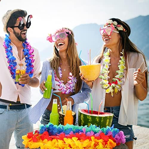 24 PCs Luau Party Decorations Set 12 Pars Luau Party Sunglasses Glass Hawaiian Glasses 12 PCs Hawaiian Leis Tropical Flower Lei Garland