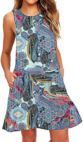 Vestidos de verão para mulheres praia camiseta floral camiseta de verão sem mangas tripulantes de joelheira de joelho de joelho vestido de tanque mini vestido de bolso