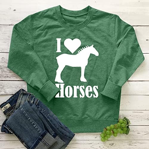 Eu amo moletons de cavalo de cavalo feminino de pescoço redondo de manga longa Sortos de manga longa meninas adolescentes camisetas de camisetas