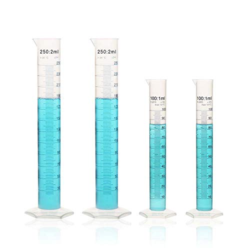 Conjunto de cilindros de medição de plástico científico da ULAB, 2 tamanhos 100ml 250ml 3,4 onças 8,5 onças, Material de polipropileno Base hexagonal, graduação impressa em azul, UMC1006