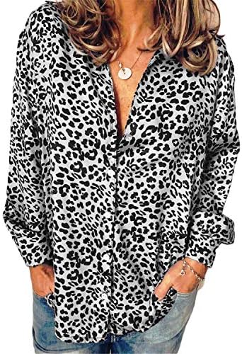 Andongnywell Button feminino leopardo impresso de manga longa Túnica tops camisas túnicas t camisetas