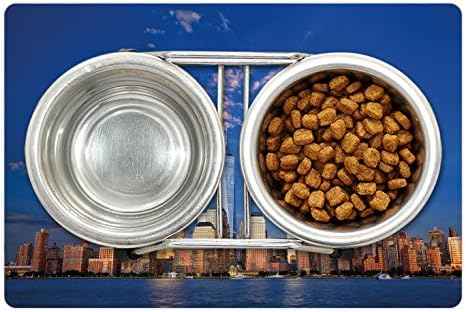 Lunarable New York Pet Tapete Para comida e água, famosa cenário americano horizonte urbano noite EUA Skyscrapers Picture, retângulo de borracha sem deslizamento para cães e gatos, pêssego cinza azul