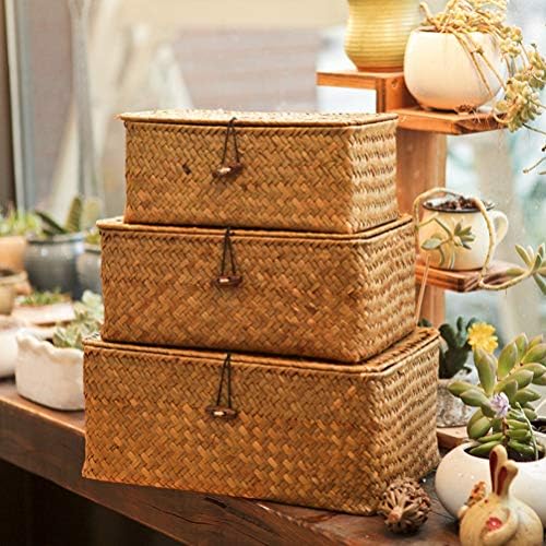 AMOSFUN Decor Vintage Rattan Storage Basket com tampa de vime Cestas de e-mail para caixas cobertas de piquenique-