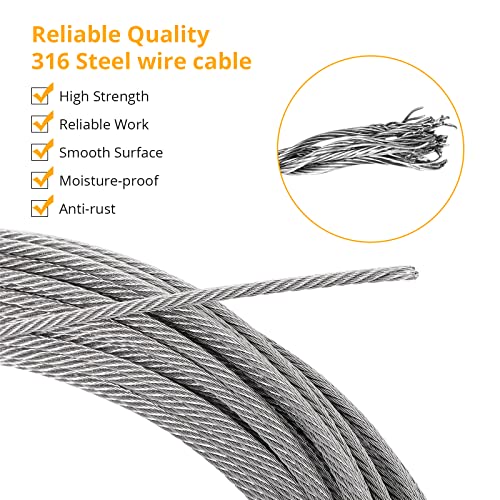 Towallmark cabo de aço, cabo de aço de aço inoxidável de 1/8 , fio de fio de cabo T316 de 400 pés T316 7x7 fios, cabo