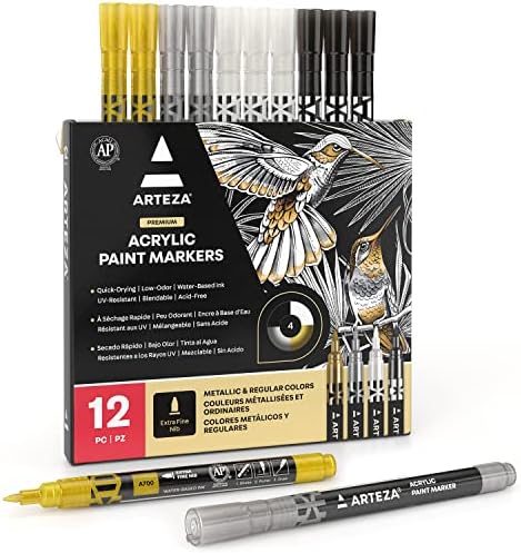 Marcadores de tinta acrílica Arteza, conjunto de 12 canetas marcadoras metálicas, 3 ouro, 3 prata, 3 preto, 3 pontilhas brancas, extra-finas, 15 mm, para pedra, vidro e madeira