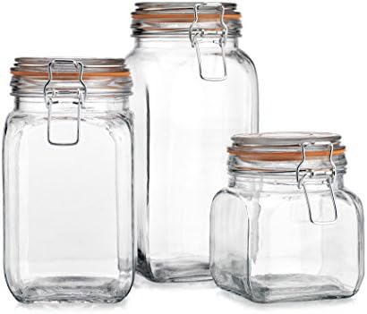 Conjunto de qualidade do recipiente de vidro de 3 frascos quadrados transparentes com fiança de foca hermética e tampas