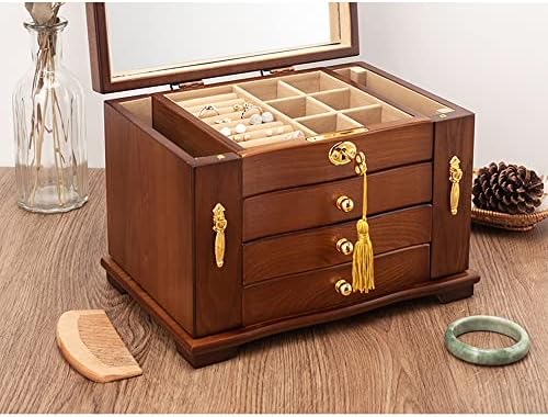 Caixa de organizador de joias para mulheres, com trava e chave, caixa de armazenamento de jóias de madeira maciça de 4 camadas