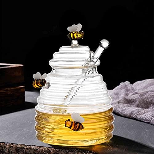 jarro de mel ikasus e conjunto de dipper, prato de mel com decoração de abelha grande jarra de vidro grande panela com tampa, colméia de mel dispensador de mel de mel