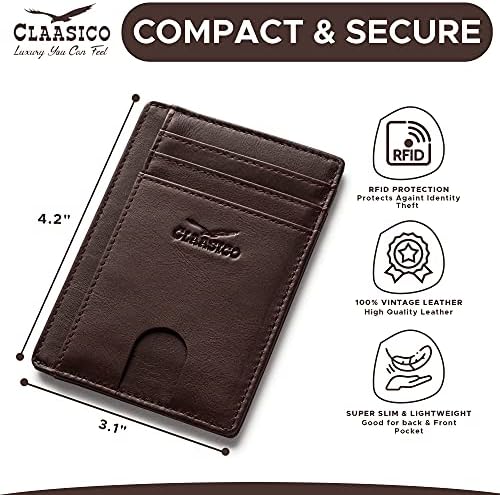 Claasico Pocket Pocket Small Mens Wallet RFID bloqueando o titular de cartão de crédito de couro genuíno