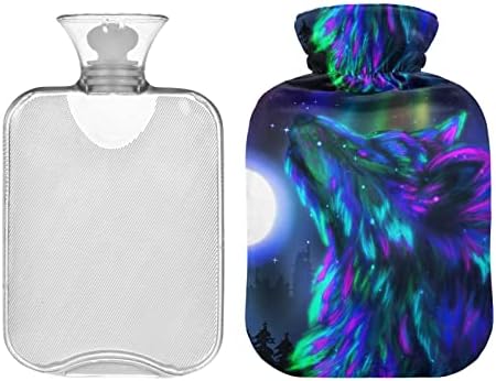 Garrafas de água quente com capa Wolf Galaxy Moon Hot Water Saco para alívio da dor, aquecendo as mãos, bolsa de água de garrafa quente de 2 litros