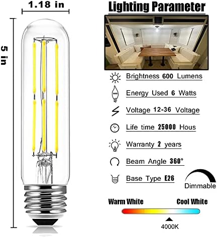 Bulbo LED de 12V 6W 600LM E26/E27 Base padrão 60W Equivalente 12 volts Luzes de baixa tensão AC/DC 12-24V T10 Lâmpada, luz