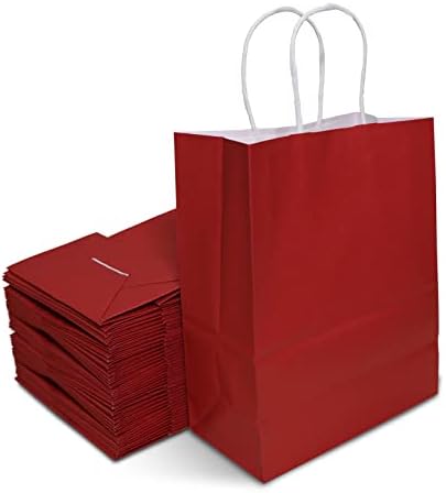 Towrap 25pcs Red Kraft Sacos de papel 8x4.25x10,5 polegadas sacos de presente com alças a granel, sacolas de festa,