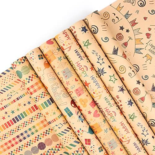 Wdnukee feliz aniversário embrulhando papel para crianças meninas mulheres adultos meninos homens, 6 lençóis kraft brown multi-padring