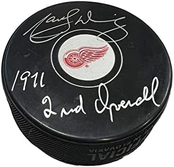 Marcel Dionne assinou e inscreveu Detroit Red Wings Puck - 1971 2º geral - Pucks de NHL autografados