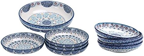 Tigela de macarrão de cerâmica de talavera azul bico, conjunto de 9, para macarrão, salada, microondas e lava -louças