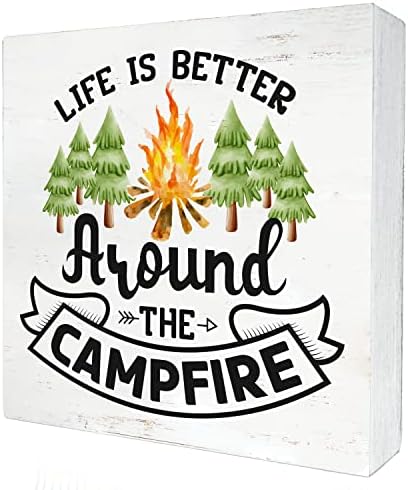 Campfire Camping Box Wood Sign Decoração de casa A vida do país é melhor em torno da fogueira Placa Bloco de Bloco de