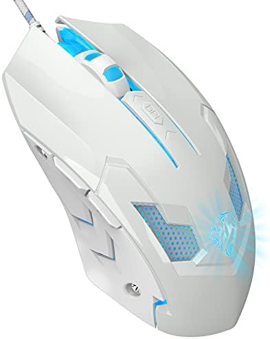 Mouse com fio de amzcase, mouse de computador óptico RGB, mouse com fio USB com 6 botões, escritório de 7200 dpi ajustável e mouse de jogos com fio para laptop Windows PC PC para desktop White