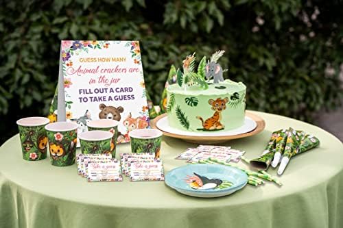 Jogos de chá de bebê safari, safari adivinhe quantos jogos de crackers de animais, decorações de chá de bebê safari favores, jogos de adivinhação no chá de bebê da selva, 1 sinal de pé e 50 cartas