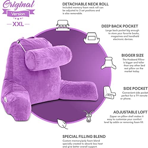 Combo de travesseiro do marido - travesseiro de encosto com braços: xxl purple e mesa de lap bandeja: cinza - espuma de memória