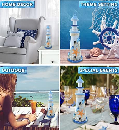 Cota Global Blue Blue Listres Decoração de Farol - Decoração artesanal e de Lighthouse de madeira feita à mão com estrela do mar, peça central de mesa de mesa de praia decorativa - 11,5 polegadas