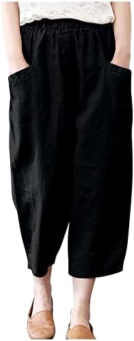 Calça de linho chgbmok para mulheres cant de lounge de capri com bolsos de cor algodão de cor sólida de calça de perna