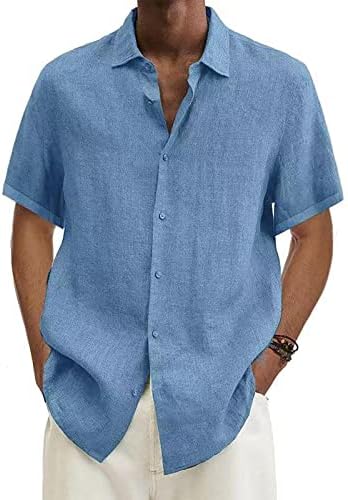 Camisa de linho de algodão masculino, botão de manga curta para baixo camisa sólida blusa casual leve e leve