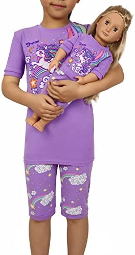 Pijamas unicórnios de meninas HDE com roupa de boneca correspondente Pijama de algodão para meninas