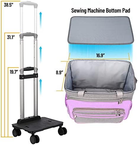 Máquina de costura de finos com rodas, cinza e rosa - Máquina de costura de luxo dobrável para o irmão, cantor, Bernina