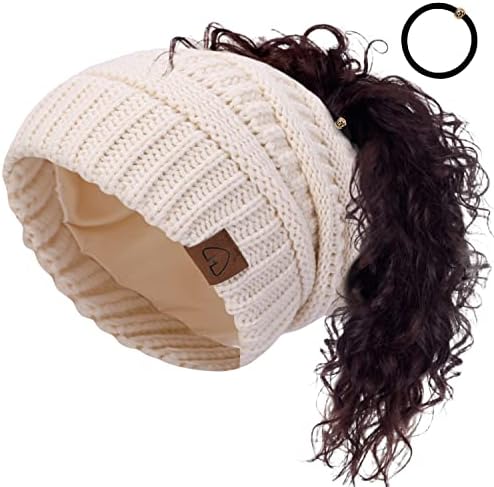 Chapéu cabana cetim forrado chapéu de gorro de inverno para cabelos encaracolados mulheres seda forrada rabo de cavalo bandeira de coque malha de coque malha