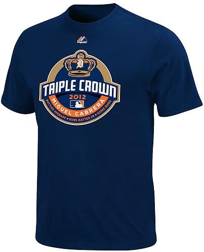 Majestic MLB Miguel Cabrera Detroit Tigers T -shirt comemorativa da Coroa Tripla Tigers - azul marinho