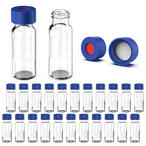 Os frascos de amostrador automático HPLC são limpos de vidro de vidro limpo, frascos de laboratório com área de escrita e graduações, frascos de amostra rosqueados 9-425, PTFE branco e septa de silicone vermelho, pacote de 500