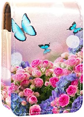 Rosas rosa fresco Blue Hortenzia Flores Butterflies Mini Lipstick Case With Mirror for Purse Portable Case Holder Organização