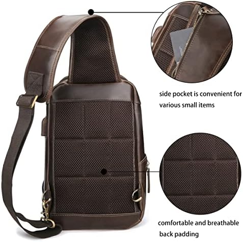 Hespary Retro Real Cowide Leather Sling Back Daypack Daypack Backpack para homens se encaixa no iPad 11