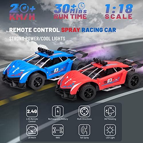 Carro de controle remoto Giakei para crianças, 2 pacote de 2 pacote 1/18 Escala RC Drift Racing Sport Cars com spray Light & Sound