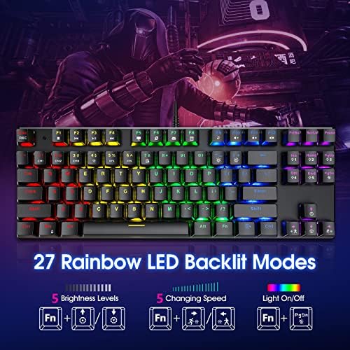 Teclado de jogos mecânicos, teclado com fio USB com retroilumação de arco -íris