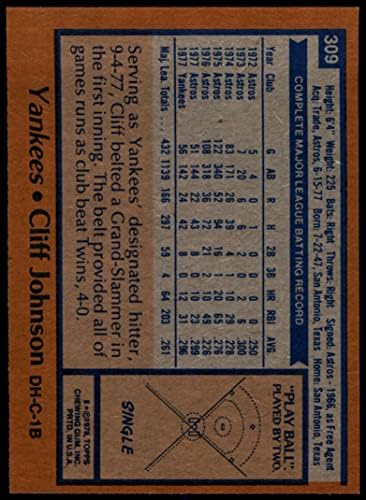 1978 Topps 309 Cliff Johnson New York Yankees Ex/Mt Yankees