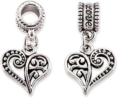 10pcs Antique filigrana de prata Pingente de coração Hollow Heart Heart European Dangle Charms de contas grandes para o colarinho
