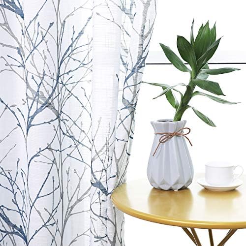 Cortinas brancas azuis de fmfunctex para sala de estar 108 ”galhos de árvore cinza impressão cortina conjunto de linho texturiza cortinas de janela semi-shape