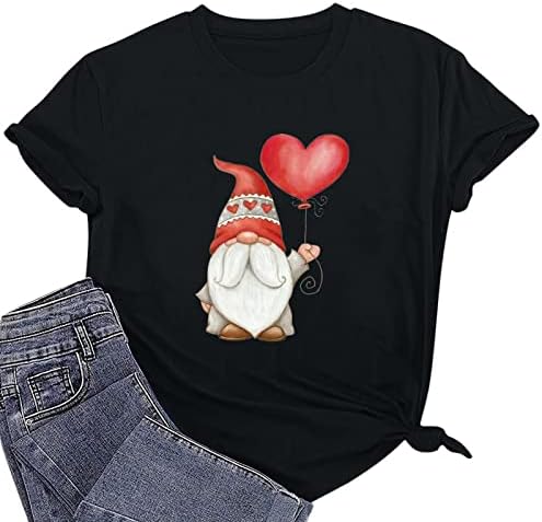 Camisetas do Dia dos Namorados para mulheres de manga curta gnomos fofos camisetas com estampas de coração camisa de pescoço