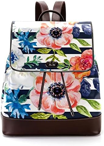 Mochila VBFOFBV para mulheres Laptop Daypack Backpack Saco casual, Floral de flores listradas brancas da Marinha Floral