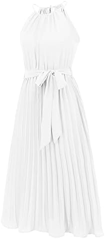 Vestidos sem mangas de verão femininos Party Party Festy Pleated Midi Long Dresses Casual Halter Neck Sundresses com cinto