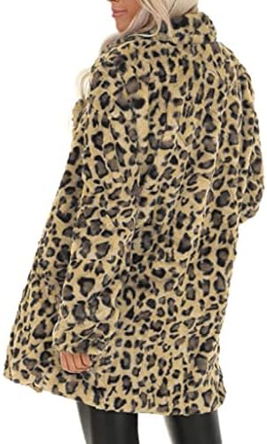 Shopessa Leopard Casaco fofo para mulheres Turn Down Collar aconchegante Jaqueta aberta aberta aberta