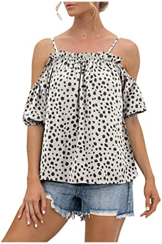 NXXYEEL Mulheres camisas de mangas curtas Polca dot ombros frios ombros de verão Suspender casual Túnica Curved Fashion